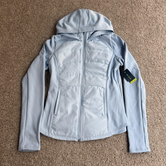 tek gear Jackets & Blazers - Tek Gear Mixed Media Jacket Womens Medium Soft Blue Hooded Fleece Full Zip